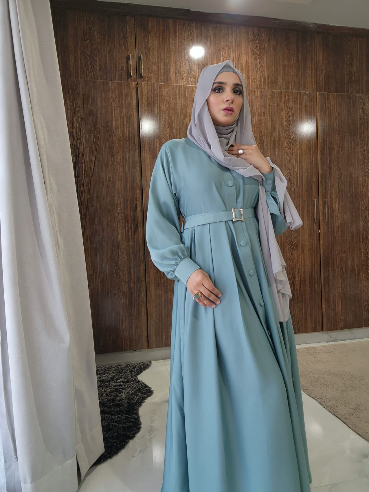 Button Down Abaya with Belt - Aqswardrobe.pk