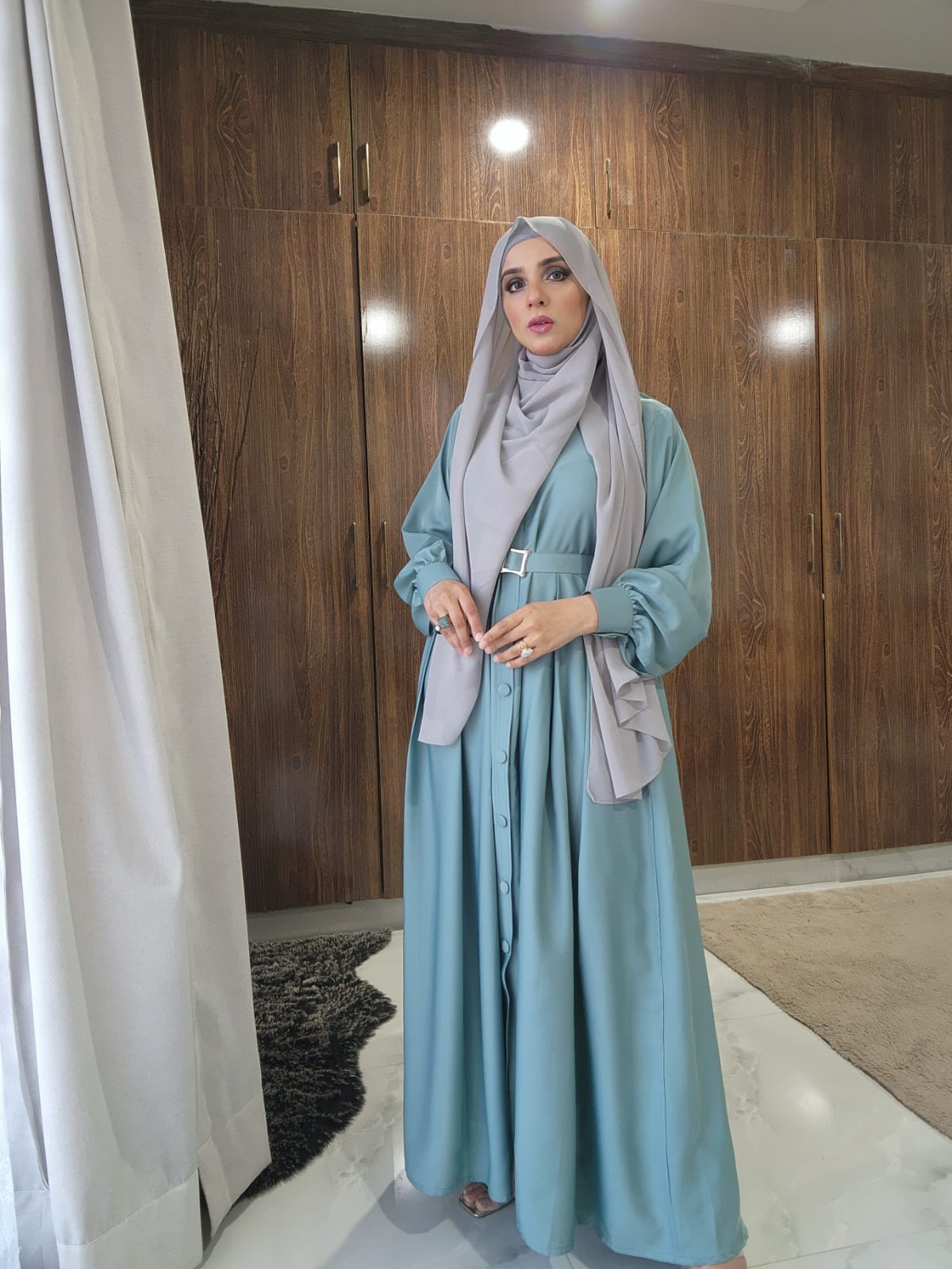 Button Down Abaya with Belt - Aqswardrobe.pk